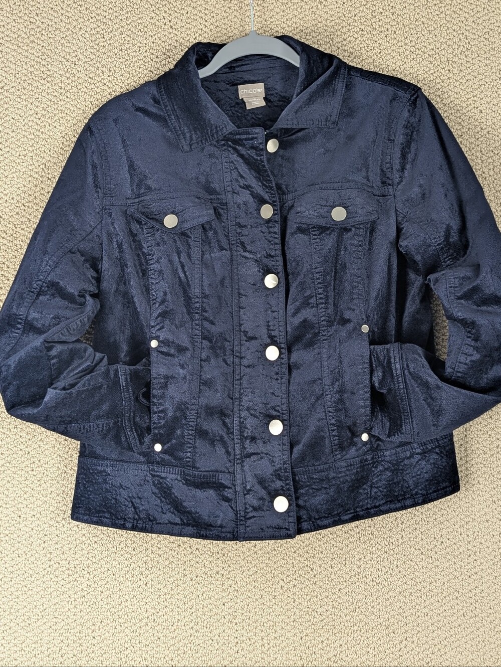Chicos Navy Blue Velvet Jacket Size 1 Med 8  Zip Front Snap Placket Lined
